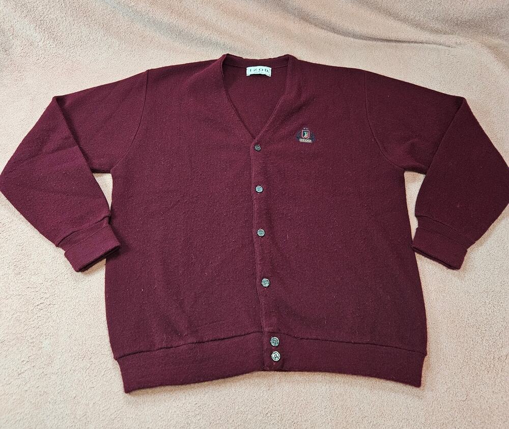 Vintage Izod Men's Burgundy V-Neck Button Cardigan Sweater Made in USA XL